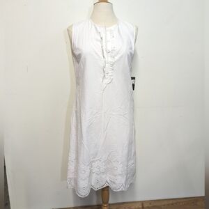 Powwow White Sleeveless Cotton Eyelet  Dress Lace Button Up 8 Cutwork